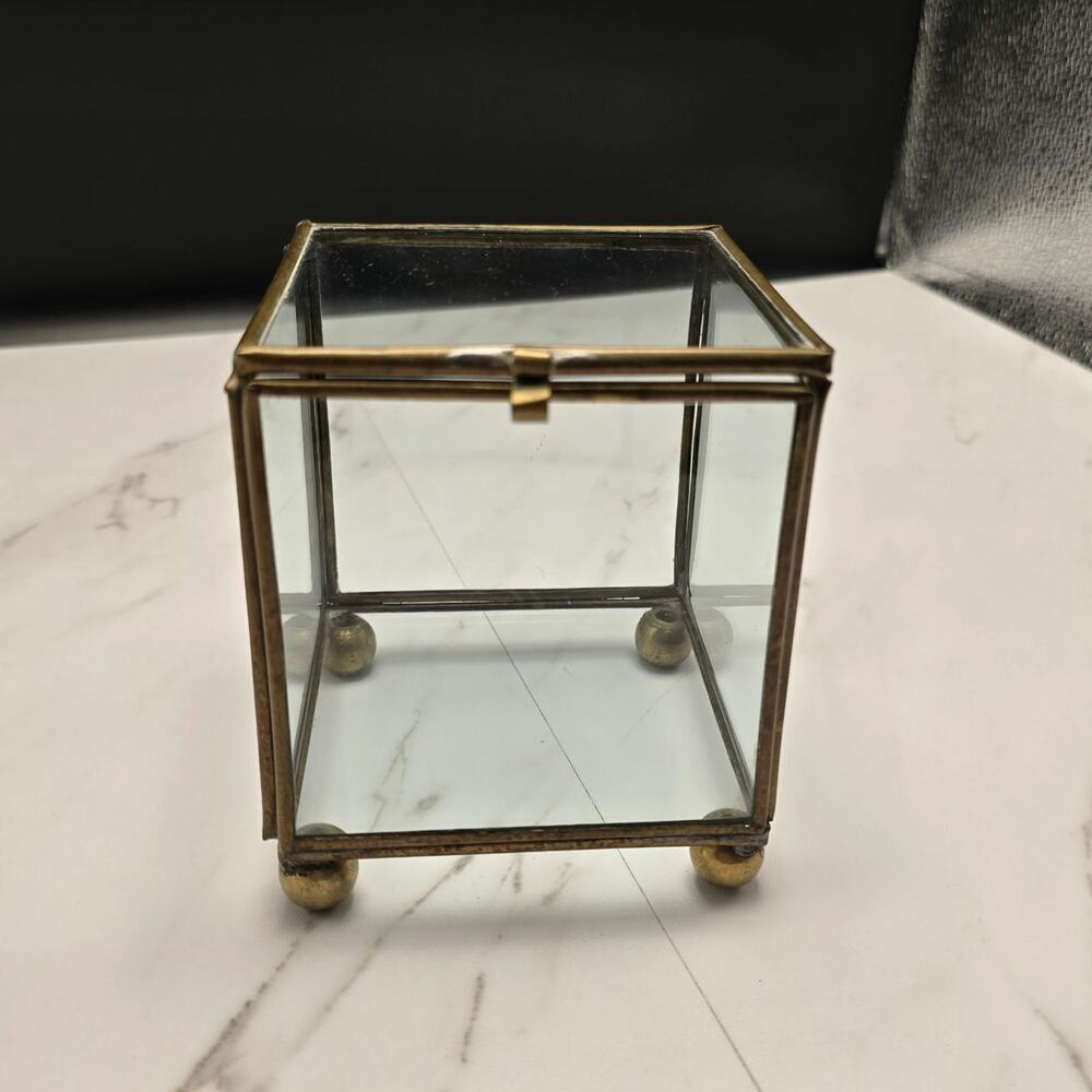 Vintage Glass Brass Footed Trinket Display Box